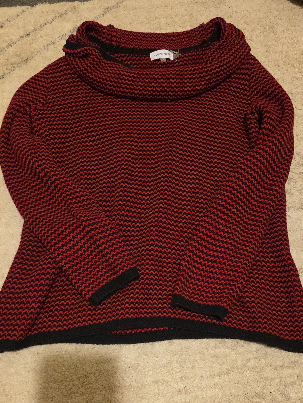 Calvin Klein Red and Black Textured Cowl Neck Sweater